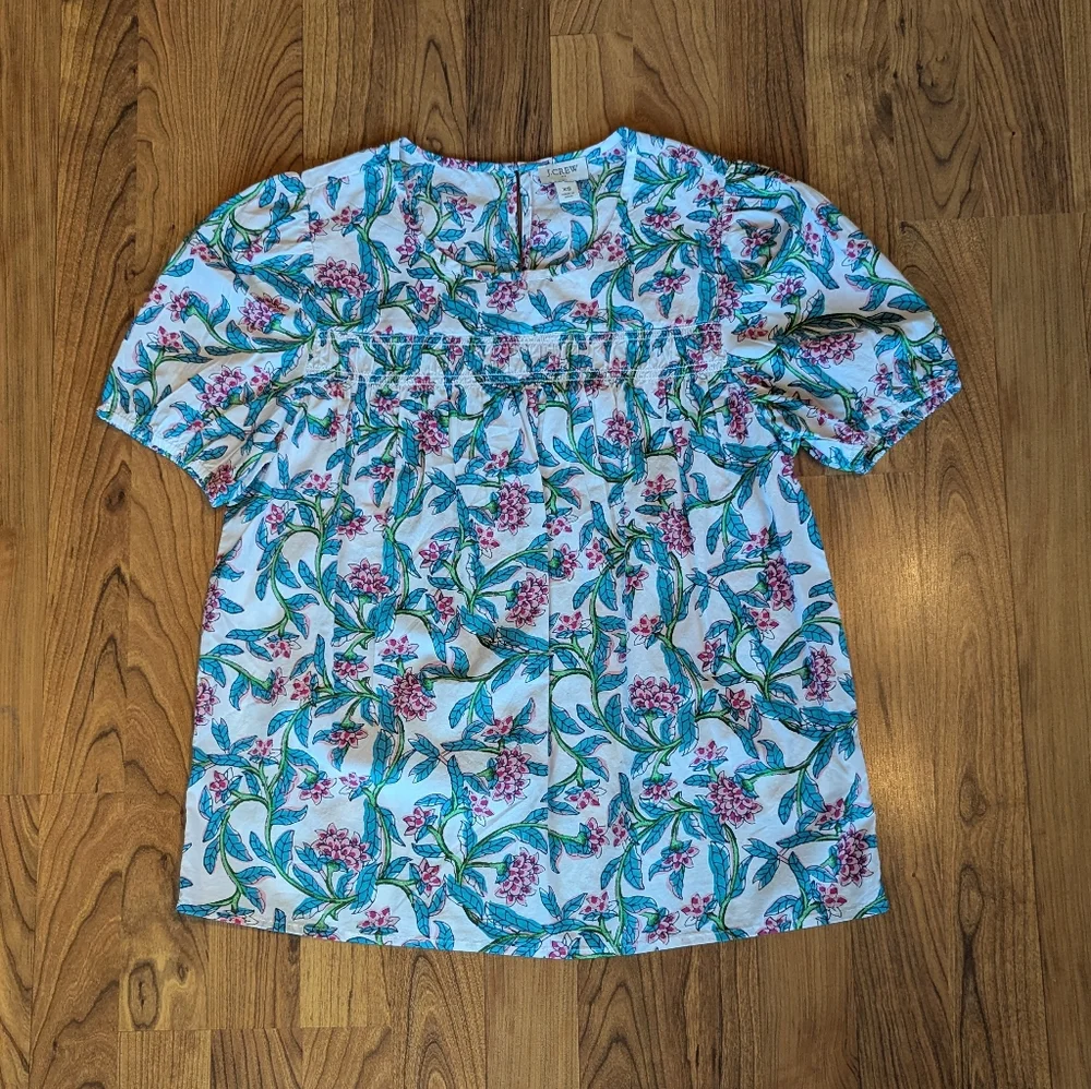 J. Crew Floral Puff Sleeve Top in White and Blue, Size XS